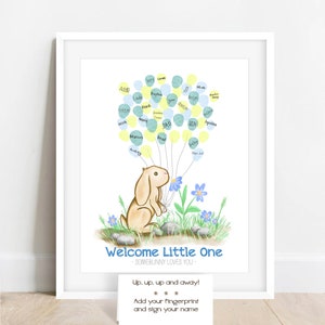 Personalized Bunny baby shower sign fingerprint poster, thumbprint tree, woodland baby shower idea, woodland nursery, bunny nursery wall art