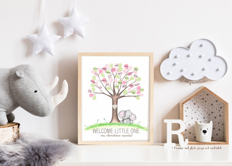 Elephant baby shower thumbprint tree, watercolor elephant nursery wall art, safari guestbook alternative fingerprint tree, baby shower ideas image 7