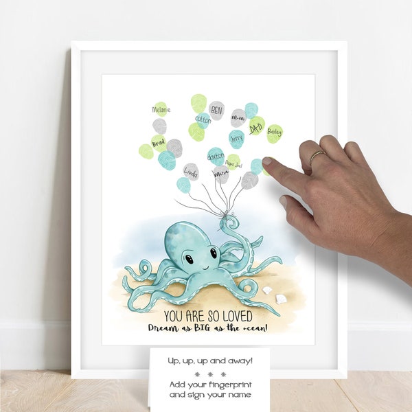 INSTANT DOWNLOAD Octopus Fingerprint Poster, Sea Animal Birthday Party, Nautical Baby Shower, Sea Creature Octopus Baby Shower Thumbprint