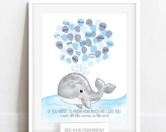 Nautical Baby Shower Thumbprint Whale Poster, Fingerprint Whale, Whale Baby Shower Idea, Whale Birthday Party Guest Book, Sea Creature Party