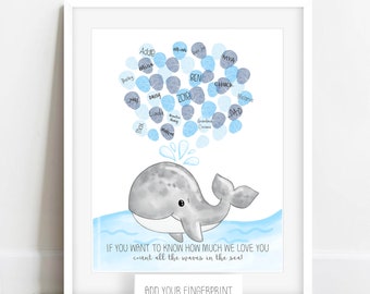 Nautical Baby Shower Thumbprint Whale Poster, Fingerprint Whale, Whale Baby Shower Idea, Whale Birthday Party Guest Book, Sea Creature Party