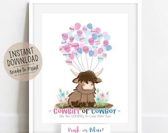 Highland Cow Fingerprint Tree Guest Book | Farmhouse Gender Reveal & Baby Shower Sign, Western Cowboy Cowgirl Decor, Instant Download