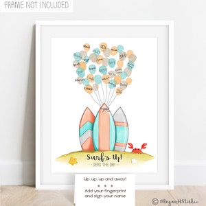 neutral art print of my hand drawn surfboard fingerprint poster with orange, teal and gray details and the following text: surf's up! Seas the Day, surfing puns, surfing birthday party ideas