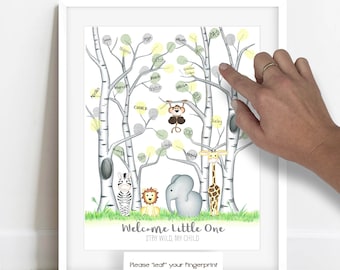 INSTANT DOWNLOAD zoo animal baby shower tree, jungle safari baby shower, gender neutral thumbprint tree, baby shower ideas, fingerprint tree