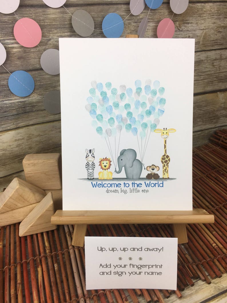 zebra INSTANT DOWNLOAD 8x10 fingerprint guestbook featuring jungle animals holding balloon strings lion monkey and giraffe zoo elephant