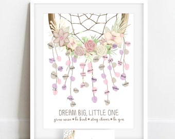 Boho Shabby Chic Dreamcatcher Fingerprint Poster Guestbook Alternative for a Baby Shower or Birthday, Personalized