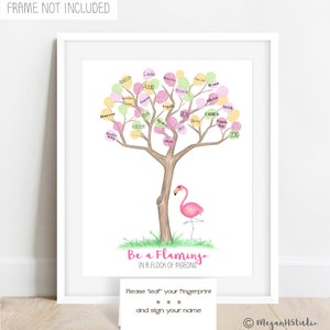 Personalized Pink Flamingo Fingerprint Tree, Zoo Themed Birthday Decor, Flamingo Baby Shower, Tropical Theme Graduation Retirement Party image 1