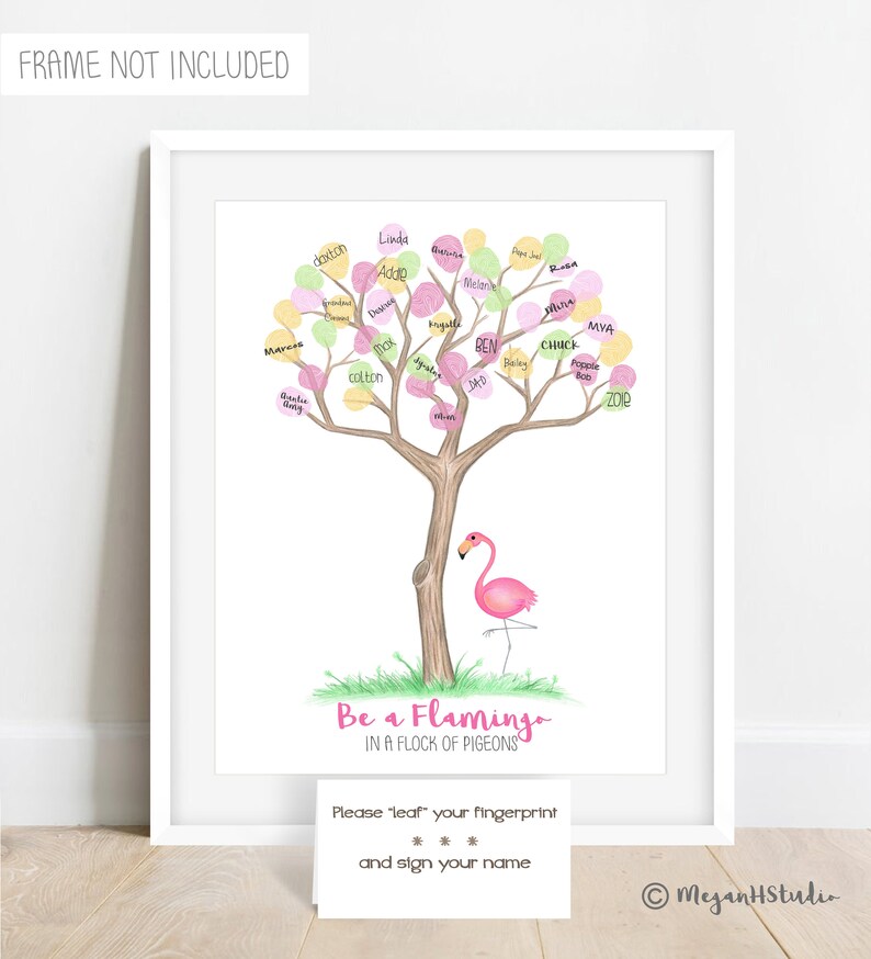 Personalized Pink Flamingo Fingerprint Tree, Zoo Themed Birthday Decor, Flamingo Baby Shower, Tropical Theme Graduation Retirement Party image 1