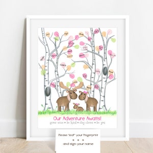 INSTANT DOWNLOAD girls moose baby shower fingerprint tree, birch tree nursery, girl baby shower ideas, woodland animal thumbprint guest book image 5