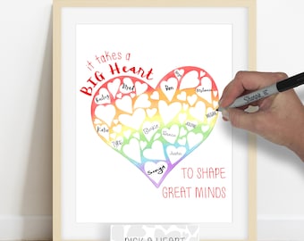 Gepersonaliseerde leraar waardering cadeau-ideeën, leraar handtekening poster, handtekening hart voor leraar cadeau, eindejaars les cadeau voor leraar