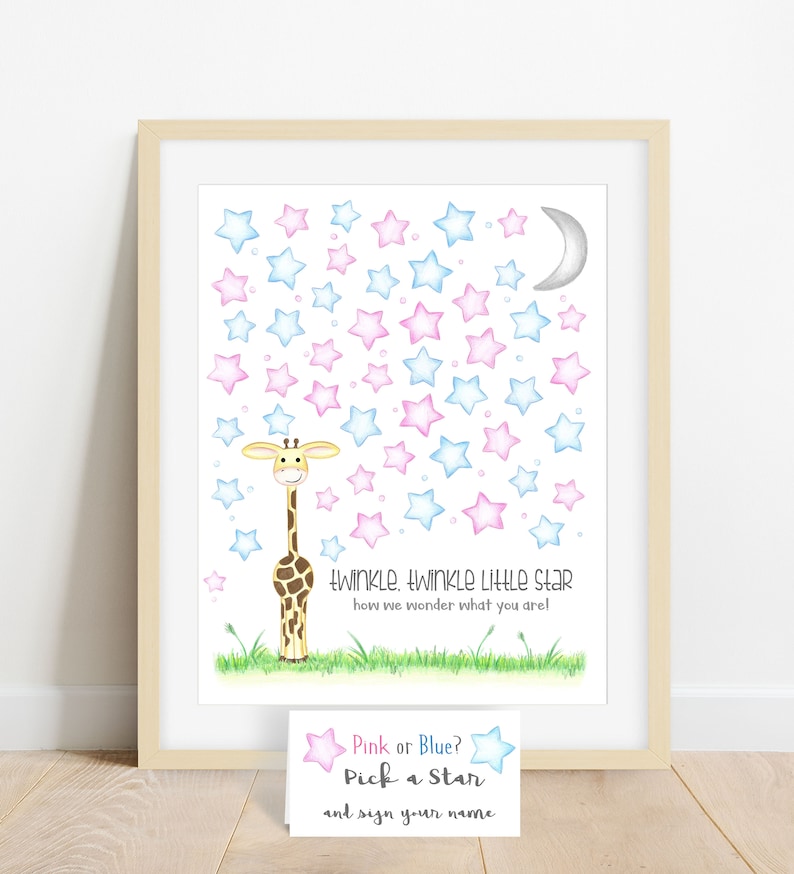 INSTANT DOWNLOAD Giraffe gender guess signature poster, guess the gender ideas, gender reveal party safari, twinkle little star baby reveal image 2