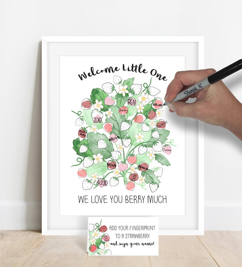 INSTANT DOWNLOAD We Love You Berry Much Strawberry Fingerprint Poster, Summer Fruit Baby Shower, Strawberry Baby Shower, Fingerprint Tree image 5