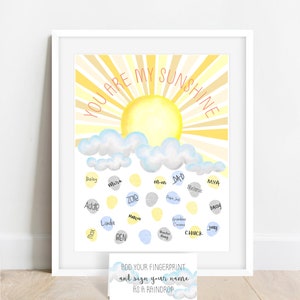 Bright Kids Room Decor, You Are My Sunshine Birthday Party Thumbprint Guestbook Alternative, Fingerprint Tree, Watercolor Sunshine Wall Art image 6