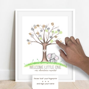 Elephant baby shower thumbprint tree, watercolor elephant nursery wall art, safari guestbook alternative fingerprint tree, baby shower ideas image 4