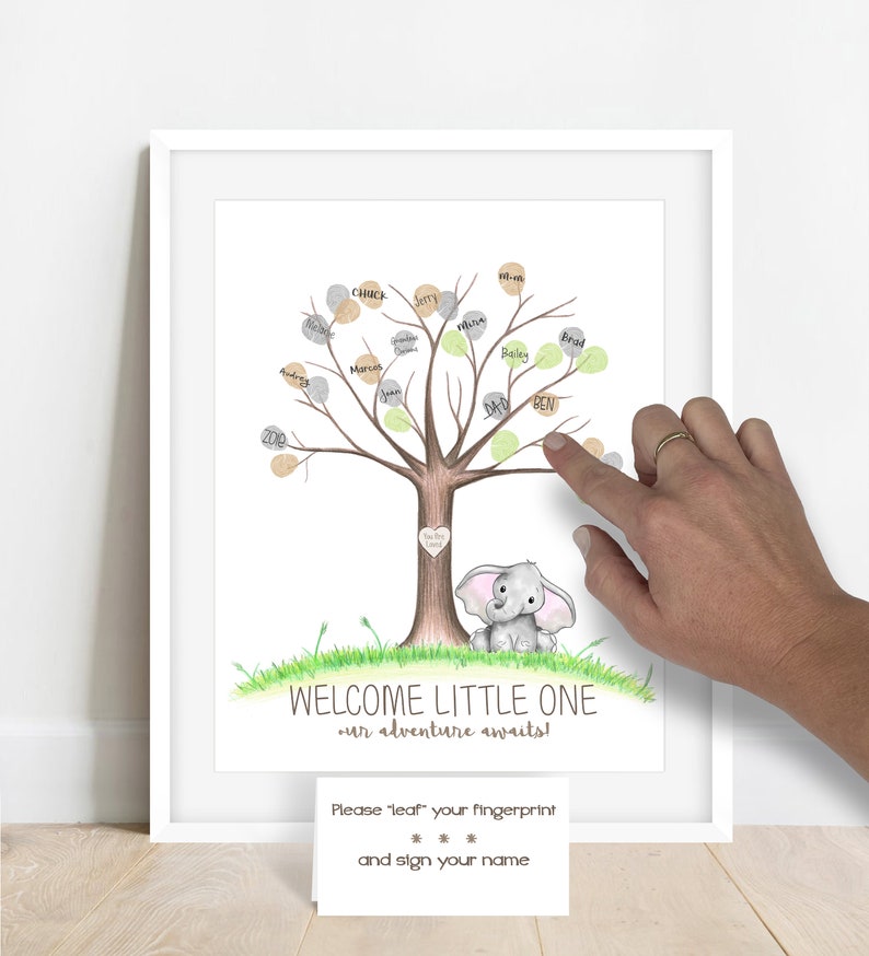 Elephant baby shower thumbprint tree, watercolor elephant nursery wall art, safari guestbook alternative fingerprint tree, baby shower ideas image 4