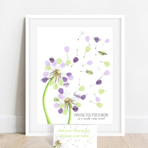 completed fingerprint dandelions shown with purple and green fingerprints added with stamp pad ink and signatures to create dandelion seeds around hand drawn dandelions, meganhstudio mother's day gift ideas from kids