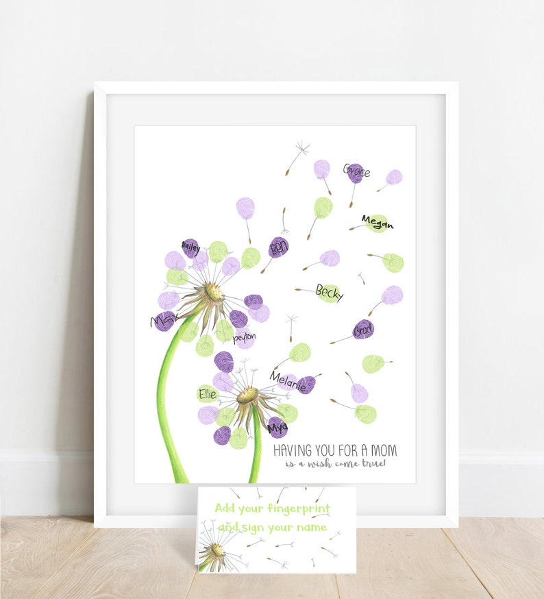 completed fingerprint dandelions shown with purple and green fingerprints added with stamp pad ink and signatures to create dandelion seeds around hand drawn dandelions, meganhstudio mother's day gift ideas from kids