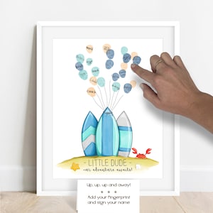 INSTANT DOWNLOAD Little Dude Baby Shower Fingerprint Poster, Surfboard Fingerprint Guestbook Alternative, Boy&#39;s Birthday Party Surf&#39;s Up