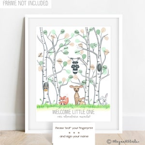 INSTANT DOWNLOAD gender neutral woodland animal baby shower fingerprint tree, guestbook alternative, woodland theme baby shower tree, birch