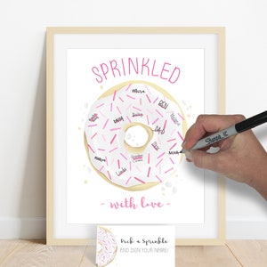 INSTANT DOWNLOAD Girl&#39;s Baby Sprinkle, Donut Baby Shower, Sprinkled with Love Donut Signature Poster, Girl&#39;s Sprinkle Party Decorations Idea