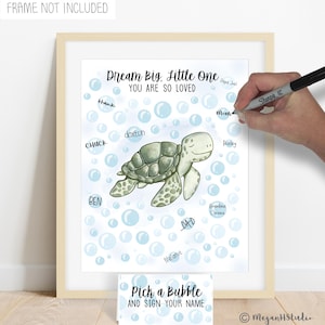 Pôster personalizado com assinatura de tartaruga marinha, arte de aquarela para berçário de tartaruga marinha, chá de bebê náutico, moldura com assinatura de criatura marinha para chá de bebê