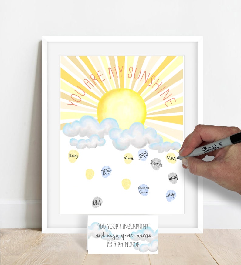 Bright Kids Room Decor, You Are My Sunshine Birthday Party Thumbprint Guestbook Alternative, Fingerprint Tree, Watercolor Sunshine Wall Art image 5