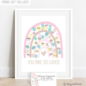 Fingerprint rainbow poster, rainbow baby shower guestbook alternative, rainbow birthday party, rainbow girl's baby shower ideas, boho chic image 2