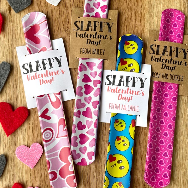 Assembled SLAPPY Valentine’s Day Tags with Slap Bracelets, Candy-Free Valentines Classroom Gifts, Valentine’s Day Party Favors for Class,