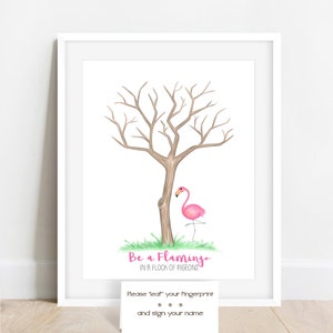 Personalized Pink Flamingo Fingerprint Tree, Zoo Themed Birthday Decor, Flamingo Baby Shower, Tropical Theme Graduation Retirement Party image 2