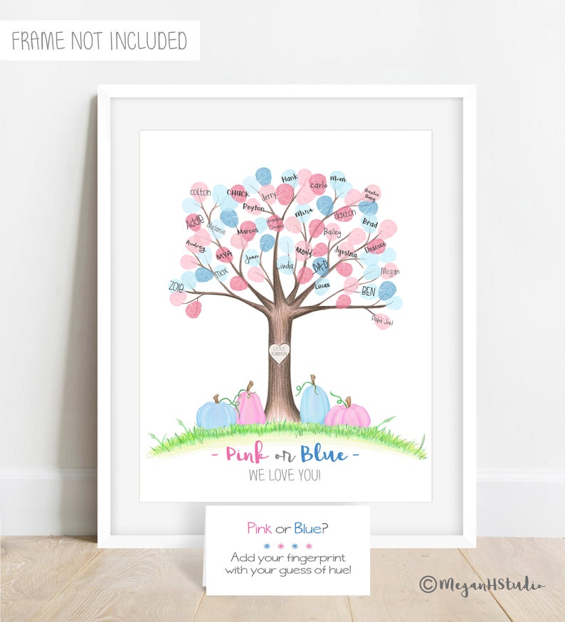 Little pumpkin gender reveal fingerprint tree, what will our little pumpkin be, fall gender reveal idea, guess the gender thumbprint picture image 1