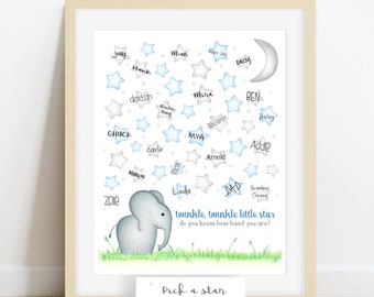 PRINTABLE elephant themed star guest sign in poster, elephant birthday party ideas, elephant gift, twinkle little star decorations signature