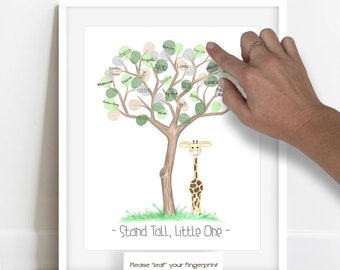 Neutral giraffe baby shower, thumbprint tree guestbook alternative, safari baby shower decorations, zoo animals, giraffe nursery