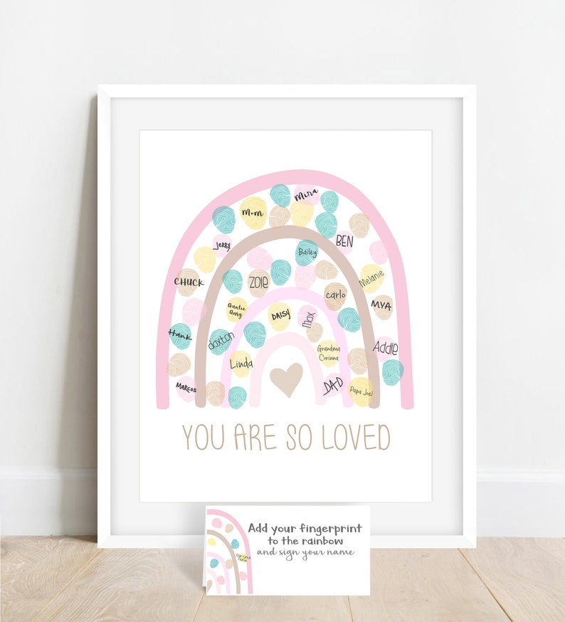 Fingerprint rainbow poster, rainbow baby shower guestbook alternative, rainbow birthday party, rainbow girl's baby shower ideas, boho chic image 6