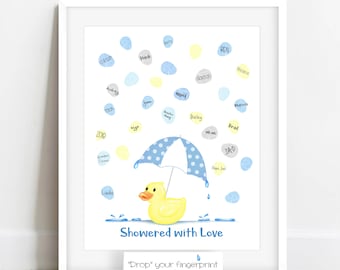 Boys Rubber ducky baby shower thumbprint guestbook alternative baby shower ideas showered with love meganhstudio fingerprint tree