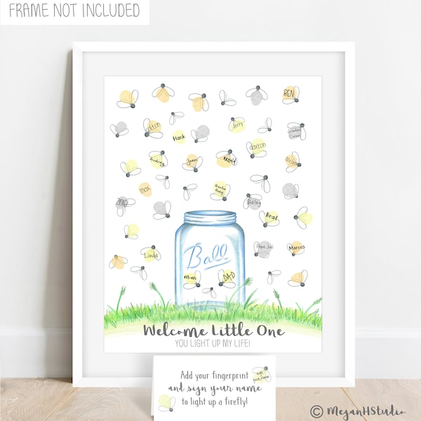 INSTANT DOWNLOAD mason jar baby shower sign in, firefly fingerprint poster, firefly thumbprint guestbook, lightning bug, Baby Q decorations