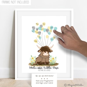 INSTANT DOWNLOAD Highland Cow Baby Shower Fingerprint Poster, Farm Baby Shower Guestbook, Little Cowboy Baby Shower Fingerprint Tree Neutral