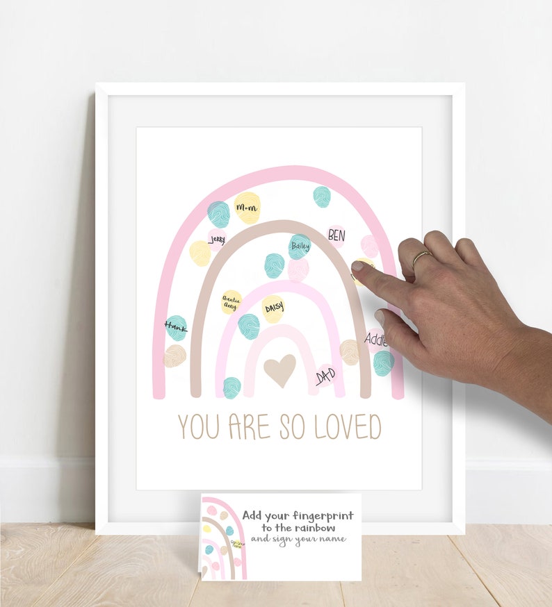 Fingerprint rainbow poster, rainbow baby shower guestbook alternative, rainbow birthday party, rainbow girl's baby shower ideas, boho chic image 4