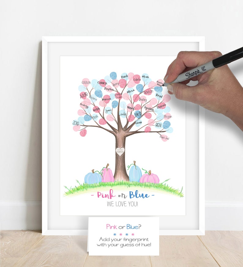 Little pumpkin gender reveal fingerprint tree, what will our little pumpkin be, fall gender reveal idea, guess the gender thumbprint picture image 4