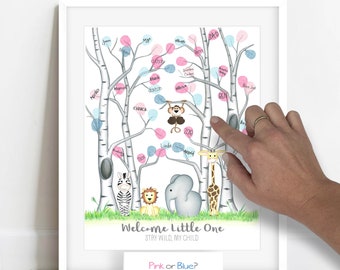 Animal de zoo Genre révéler l’activité de fête, révéler l’idée de genre, genre révéler l’arbre d’empreinte du pouce, safari dans la jungle baby shower, pépinière à thème de zoo