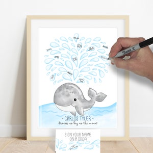 Póster personalizado con la firma de una ballena para baby shower, baby shower con temática de ballenas, ideas para baby showers náuticos, libro de visitas con la firma de una ballena
