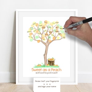 INSTANT DOWNLOAD Sweet as a Peach baby shower fingerprint tree, peach illustration, peach birthday party thumbprint tree, peach nursery art image 4