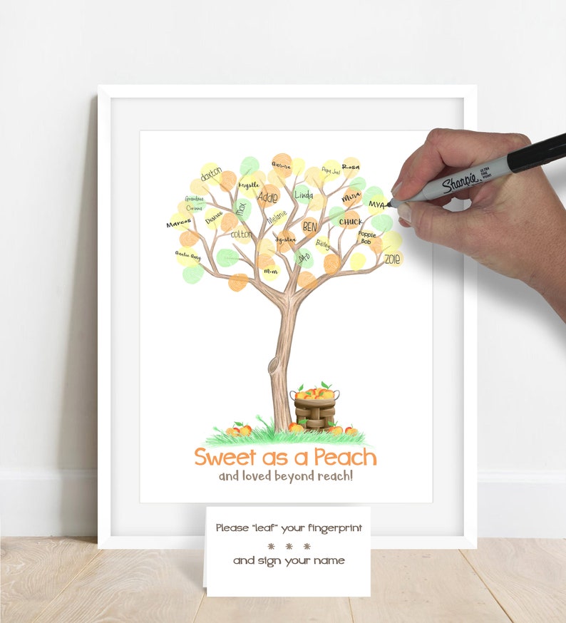 INSTANT DOWNLOAD Sweet as a Peach baby shower fingerprint tree, peach illustration, peach birthday party thumbprint tree, peach nursery art image 4