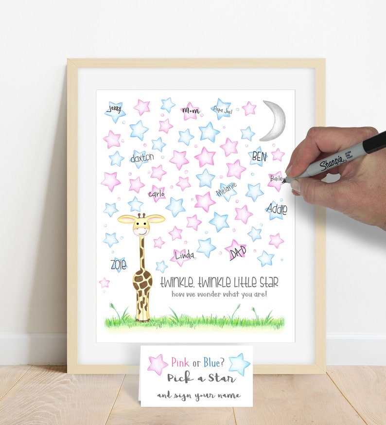 INSTANT DOWNLOAD Giraffe gender guess signature poster, guess the gender ideas, gender reveal party safari, twinkle little star baby reveal image 3