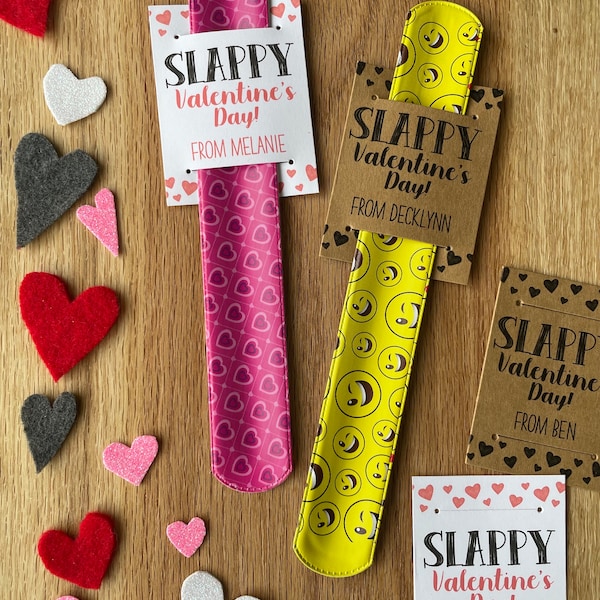 Assembled SLAPPY Valentine’s Day Tags with Slap Bracelets, Valentines Classroom Gifts, Valentine’s Day Party Favors for Class, Candy-Free