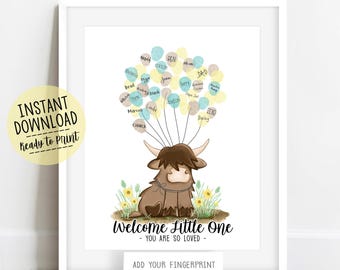 Neutral Highland Cow Baby Shower Fingerprint Tree Poster, Farm and Western Guestbook, Cowboy Nursery Decor Instant Download