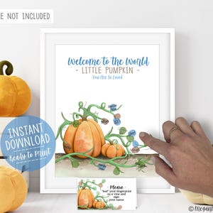 May include: A white rectangular print featuring two orange pumpkins with green vines and the text Welcome to the World LITTLE PUMPKIN You Are So Loved. The design includes space for colorful fingerprints on the vines with handwritten names.