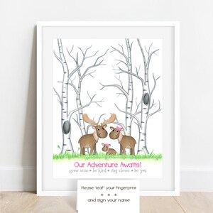 INSTANT DOWNLOAD girls moose baby shower fingerprint tree, birch tree nursery, girl baby shower ideas, woodland animal thumbprint guest book image 2