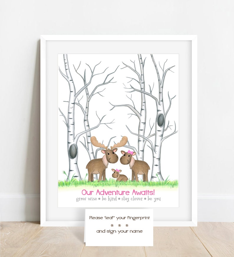 INSTANT DOWNLOAD girls moose baby shower fingerprint tree, birch tree nursery, girl baby shower ideas, woodland animal thumbprint guest book image 2