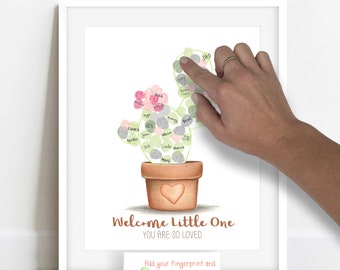 INSTANT DOWNLOAD gender neutral succulent baby shower thumb print poster, fingerprint cactus, cactus baby shower, fiesta baby shower decor