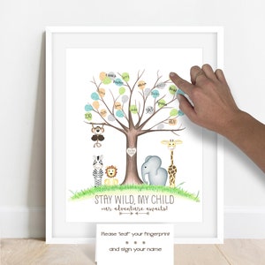 INSTANT DOWNLOAD safari themed baby shower tree, jungle animal fingerprint tree poster, baby shower idea, gender neutral baby shower ideas